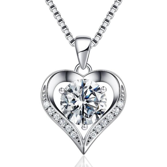 Sterling Silver Heart Moissanite Necklace for Women, 1 Carat, Elegant Gift - Picture 1 of 6